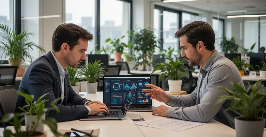 Deux professionnels analysant un tableau de bord commercial sur ordinateur