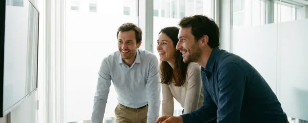 Professionnels français en discussion commerciale dans un bureau lumineux