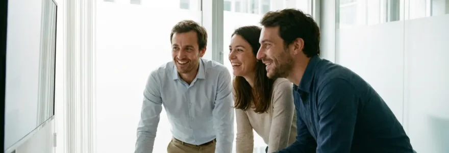 Professionnels français en discussion commerciale dans un bureau lumineux