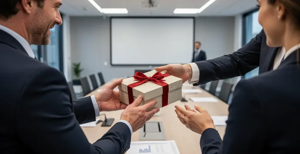 Remise d'un coffret premium entre professionnels lors d'une rencontre commerciale B2B